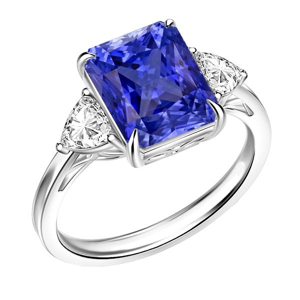 68535 Blue Sapphire Trilliant Diamond 3 Stone 3 CT Trellis Setting Ring, Size 6.5