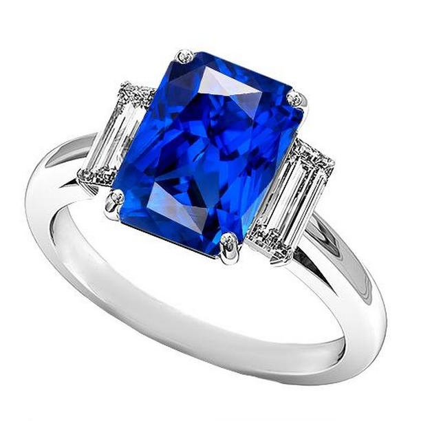 68542 3 CT Baguette Diamonds Radiant Cut Sapphire 3 Stone Gemstone Ring, Size 6.5