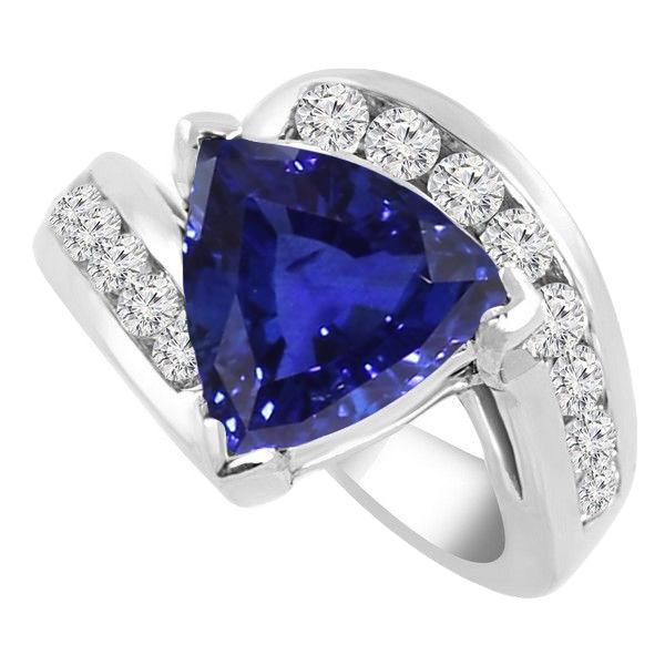 68549 4 CT Fancy Womens Trillion Sapphire Round Channel Set Diamonds Ring, Size 6.5