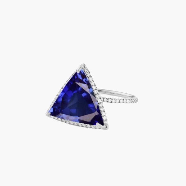 68571 4 CT Diamond Trillion Shaped Deep Blue Sapphire Halo Ring, Size 6.5