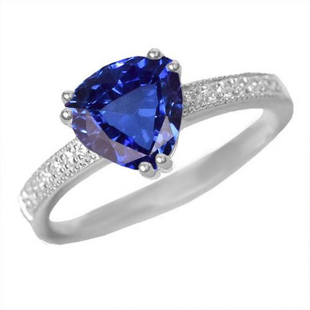 2 CT Diamond Trillion Cut Blue Double Prong Sapphire Ring, Size 6.5