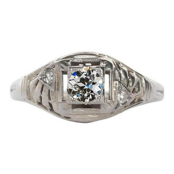 1.25 CT Three Stone Round Old Mine Cut Diamond Gold Milgrain Ring, Size 6.5