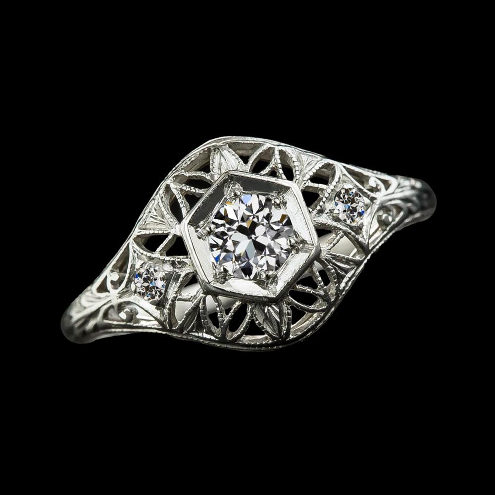 69510 Vintage Style 3 Stone Old Cut Round Diamond 1.50 CT Milgrain Ring, Size 6.5