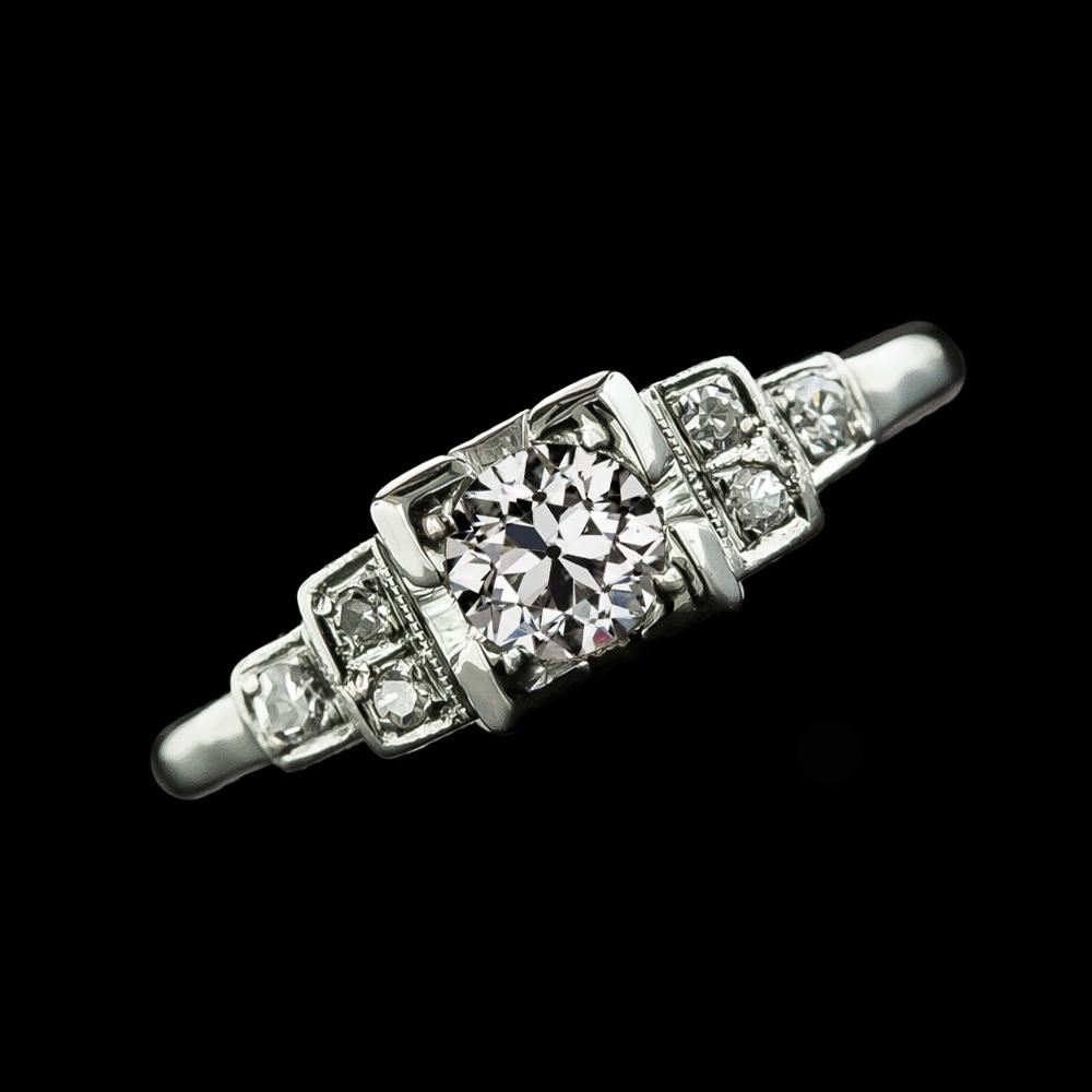 69514 2 CT Round Old Mine Cut Diamond Ring with Steps, White Gold - Size 6.5