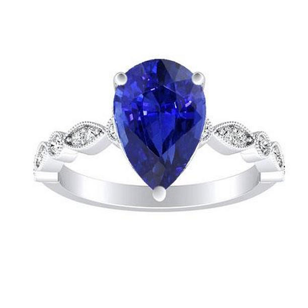 Round Diamond & Pear Blue Sapphire 2 CT Milgrain Anniversary Ring, Size 6.5