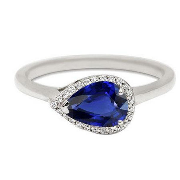69526 Gemstone Halo Pear Cut 2.50 CT Round Diamond Sapphire Ring, Size 6.5