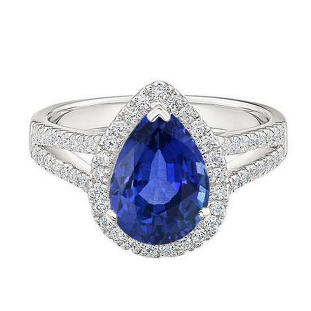 4 CT Halo Diamond Pear Ceylon Sapphire Split Shank Engagement Ring, Size 6.5