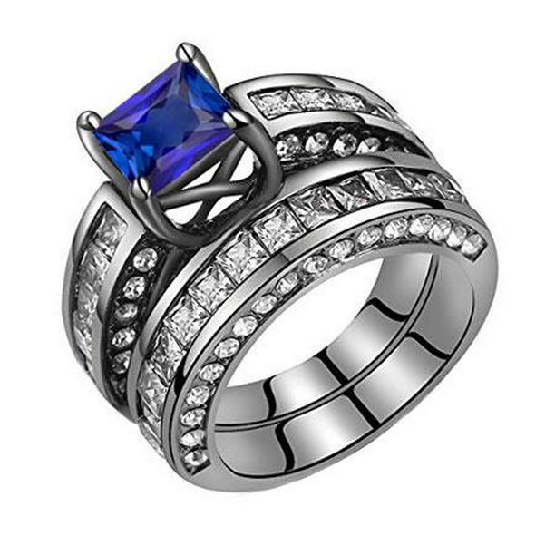 69532 3 CT Black Gold Princess Diamond Blue Sapphire Engagement Ring Set, Size 6.5