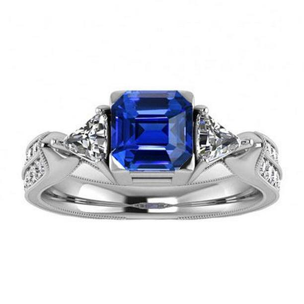 2.50 CT Trillion & Round Diamond Asscher Sapphire Engagement Ring, Size 6.5