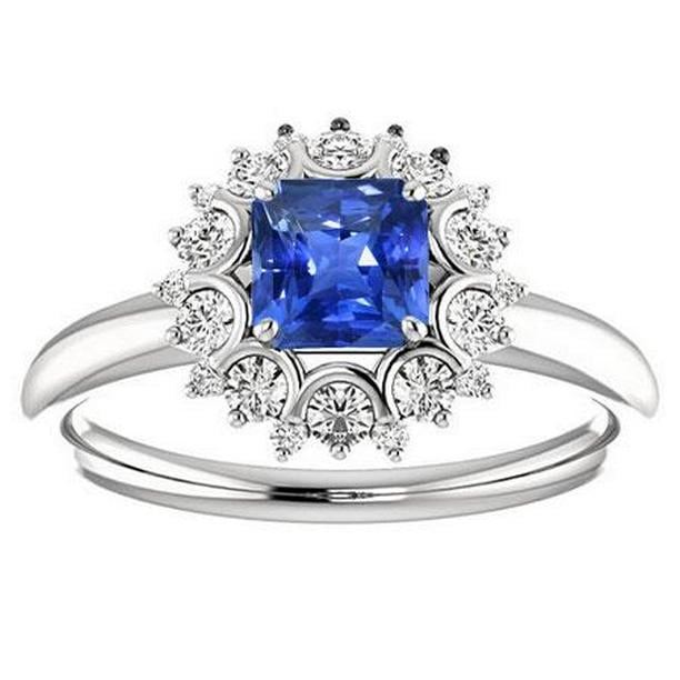 69537 Halo Blue Radiant Cut 2.50 CT Half Bezel Diamonds Sapphire Ring, Size 6.5