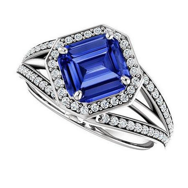 4.50 CT Diamond Halo Emerald Sapphire Split Shank Engagement Ring, Size 6.5