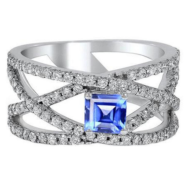 69548 Diamond Gemstone Asscher Blue Sapphire 3 CT Split Shank Fancy Ring, Size 6.5
