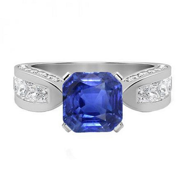 69549 4 CT Asscher Sapphire Gemstone Ring Princess Diamonds Channel Set, Size 6.5
