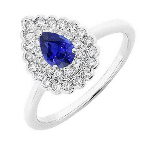 69562 Double Halo Diamond Pear Cut 2.50 CT Flower Style Sapphire Ring, Size 6.5