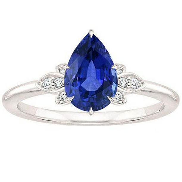 69563 Blue Sapphire Diamond 2 CT Pear Cut Prong Set Anniversary Ring, Size 6.5