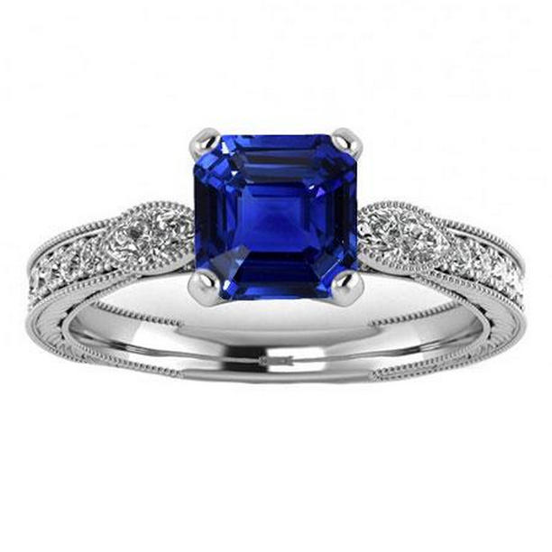 3 CT Vintage Style Gemstone Asscher Blue Sapphire Ring with Accents, Size 6.5