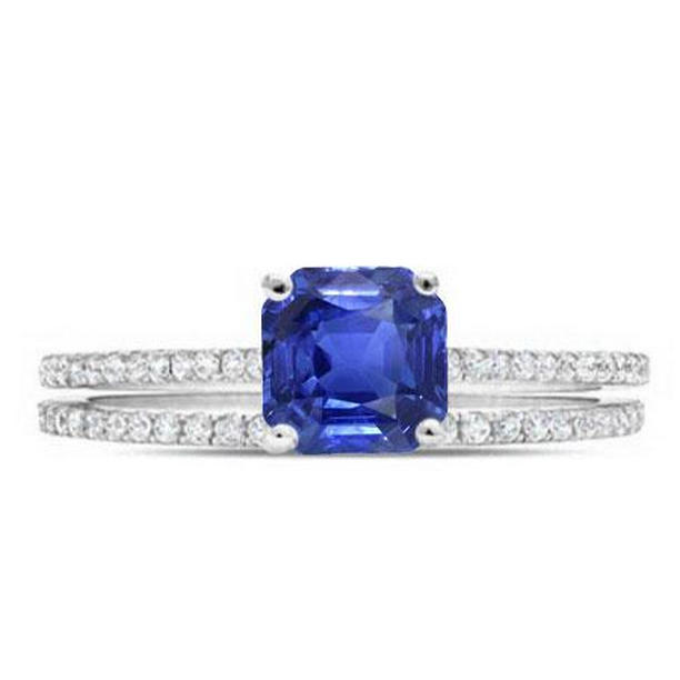 Picture of Harry Chad Enterprises 69568 3 CT Asscher Cut 14K White Gold Blue Sapphire Engagement Ring Set&#44; Size 6.5