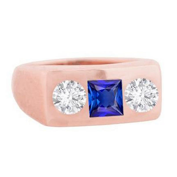 69572 1.50 CT Round Diamond 3 Stone Sapphire Ring Princess Cut Flush Set, Size 6.5