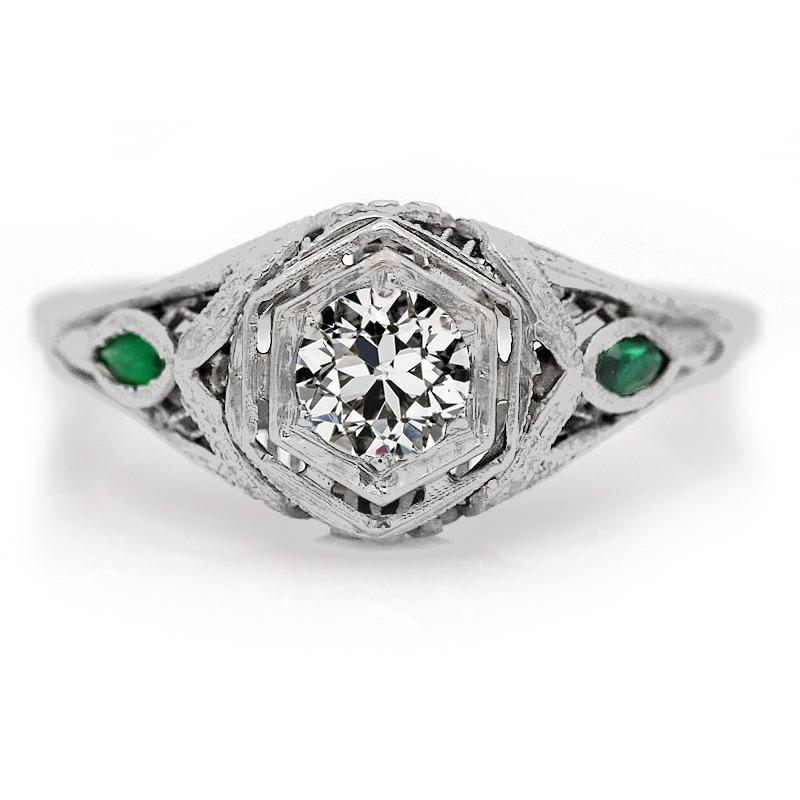 70691 2 CT 3 Stone Old Mine Cut Diamond & Oval Green Emeralds Ring, Size 6.5