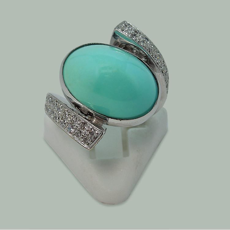 2368 1 CT Turquoise & Diamonds 18K White Gold Engagement Ring, Size 6.5