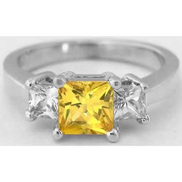 Picture of Harry Chad Enterprises 26655 Princess Diamond Yellow 5 CT 3 Stone Sapphire Ring&#44; 14K White Gold - Size 6.5