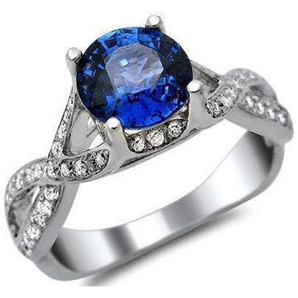31922 Ceylon Sapphire & Round Diamonds 3 CT Ring, 14K White Gold - Size 6.5