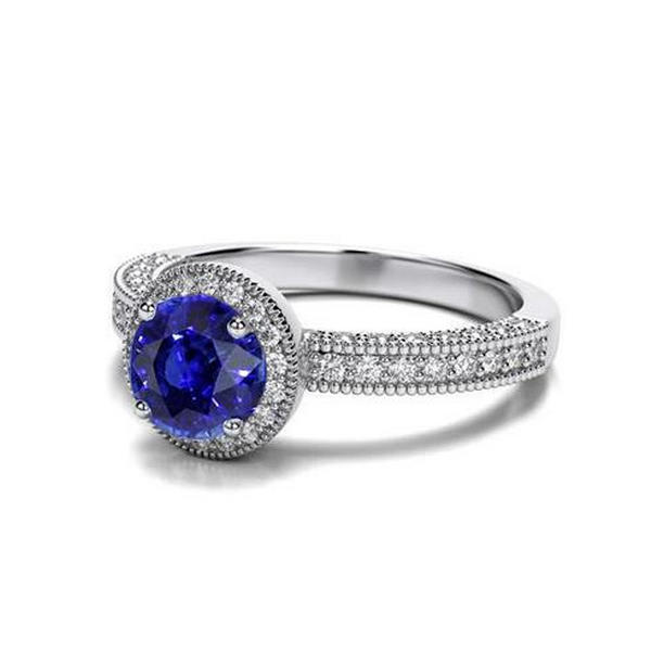 32031 Sri Lankan Sapphire White Gold 3.05 CT Vintage Style Diamond Ring, Size 6.5