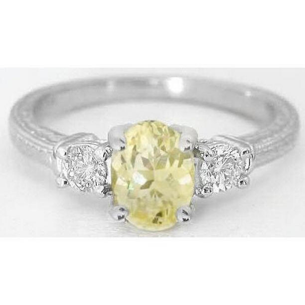 32080 3 CT Three Stone Yellow Sapphire & Diamonds Ring, 14K White Gold - Size 6.5