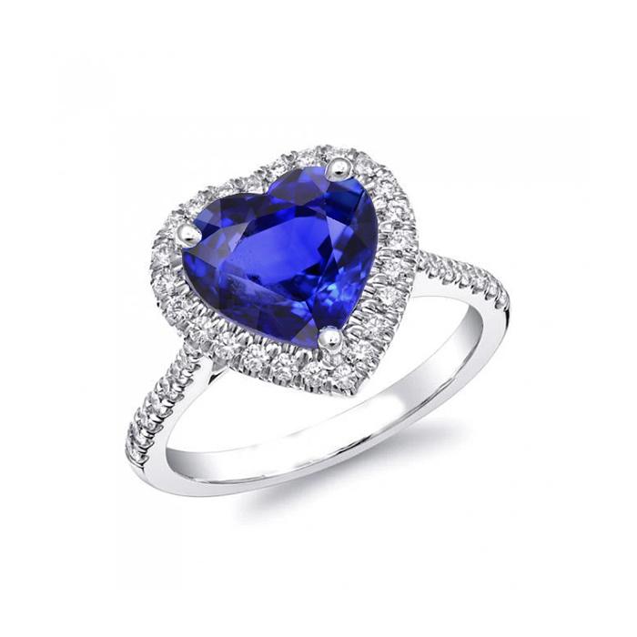 32140 4 CT Heart Ceylon Sapphire Round Diamonds Ring, 14K White Gold - Size 6.5