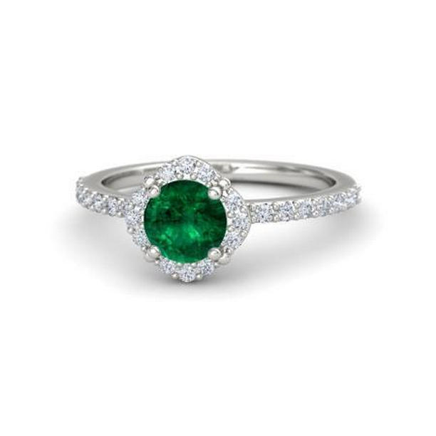 32267 Solitaire with Accents 3.40 CT Emerald & Diamonds Ring, 14K White Gold - Size 6.5