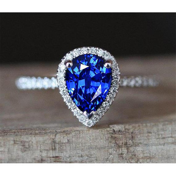 Picture of Harry Chad Enterprises 32317 White Gold Jewelry 3.25 CT Pear Diamond & Sapphire Ring&#44; Size 6.5