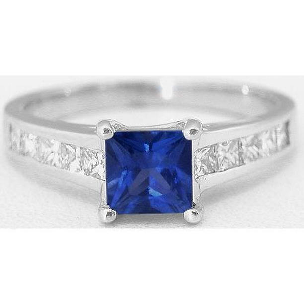 32468 Princess Cut Ceylon Sapphire with Diamonds 3.50 CT Ring, 14K White Gold - Size 6.5