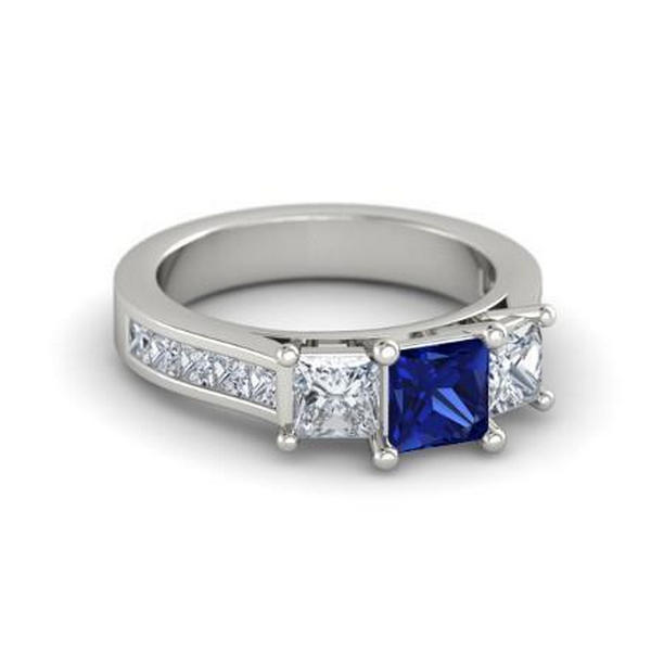 Princess Cut 3.50 CT Ceylon Sapphire & Diamonds Ring, 14K White Gold - Size 6.5
