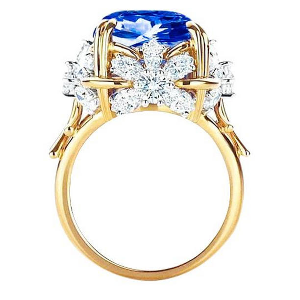 Picture of Harry Chad Enterprises 37414 7.81 CT Sparkling Cushion Ceylon Sapphire Diamond Ring&#44; 14K Yellow Gold - Size 6.5