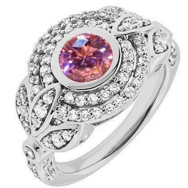 37429 2.50 CT Round Cut Pink Sapphire Diamond Ring, 14K White Gold - Size 6.5
