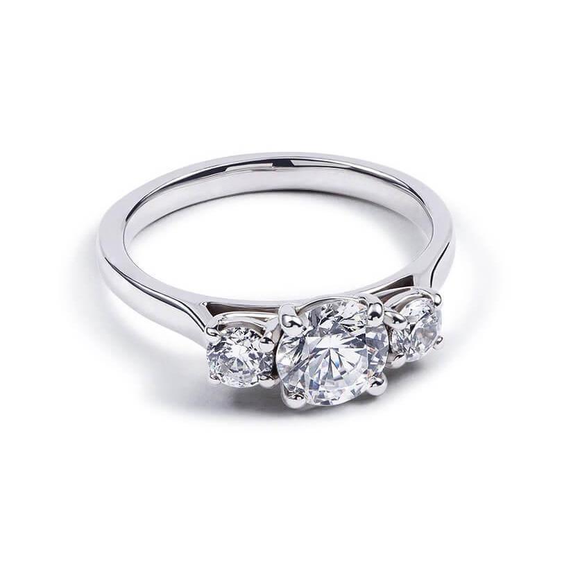 37436 1.60 CT Round Diamond 3 Stone Solid Engagement Ring, 14K White Gold - Size 6.5