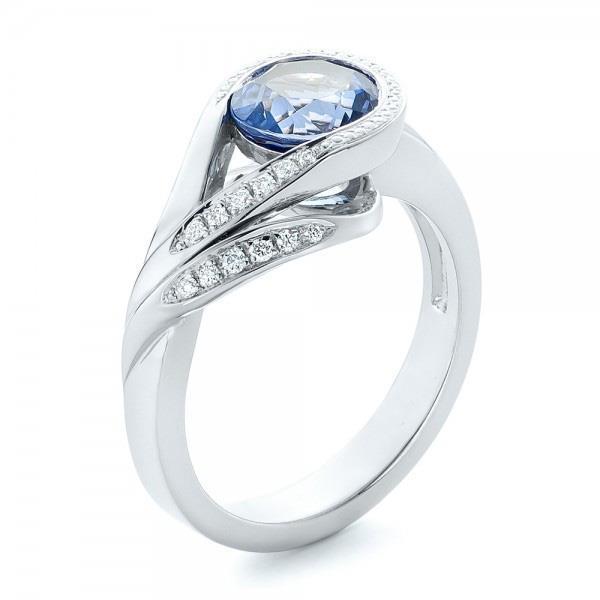 37456 Round Cut Blue Sapphire & Diamonds 2.50 CT Ring, 14K White Gold - Size 6.5