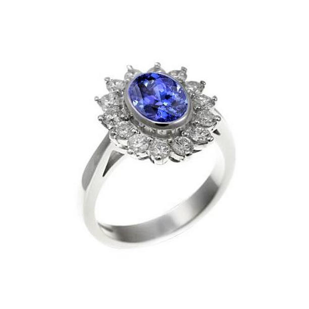 3746 Bezel Set Tanzanite Oval Diamond 3.30 CT Ring, White Gold - Size 6.5