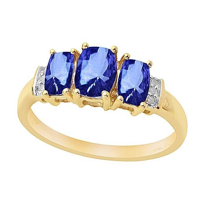 Picture of Harry Chad Enterprises 37637 5.26 CT Cushion Sri Lanka Blue Sapphire 3-Stone Diamond Ring&#44; 14K Yellow Gold - Size 6.5