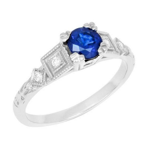 37820 Round Cut 1.65 CT Sri Lankan Sapphire & Diamonds Ring, 14K White Gold - Size 6.5