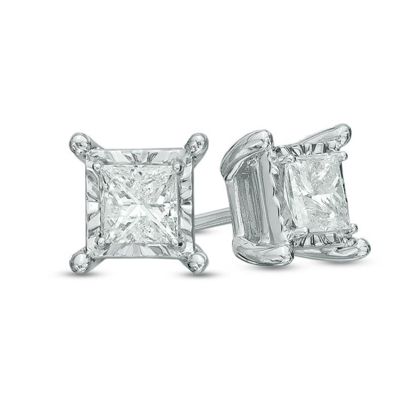 40903 1 CT Princess Cut Stud Diamond Earring, 14K White Gold