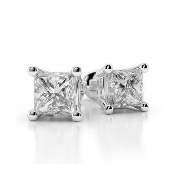 40909 0.90 CT Princess Cut Diamond Stud Earring, 14K White Gold