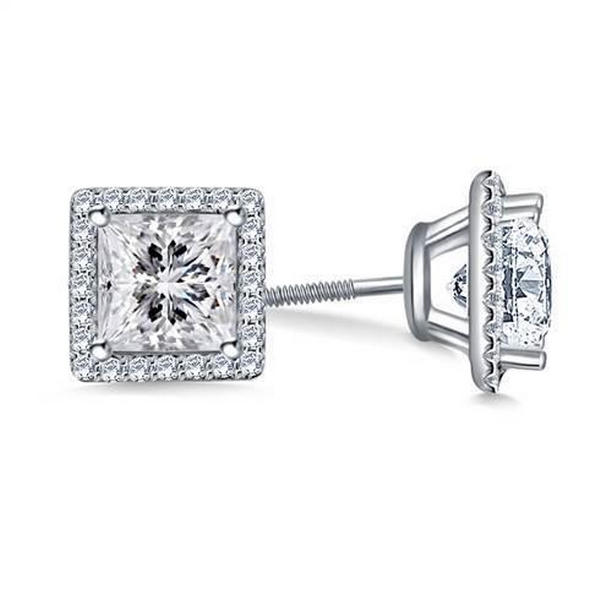41888 2.5 CT Princess Halo Diamond Stud Earring, 14K White Gold