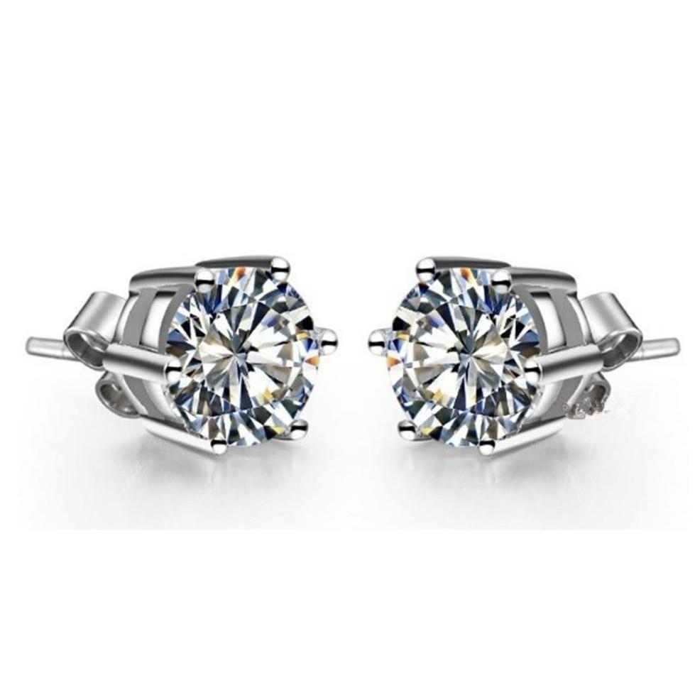 2 CT Round Diamond Six Prong Setting Stud Earrings, 14K White Gold