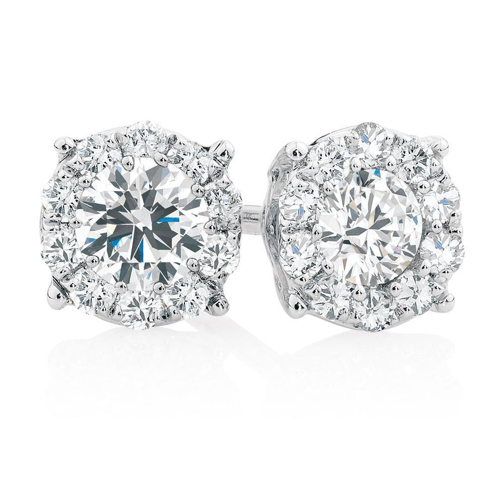 51542 3.50 CT Sparkling Halo Round Diamond Stud Earrings, 14K White Gold
