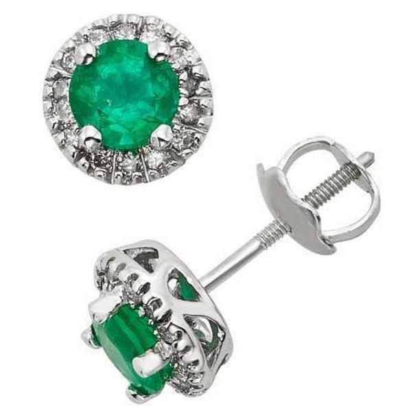 5.70 CT Emerald & Halo Diamond Lady Stud Earrings, 14K White Gold