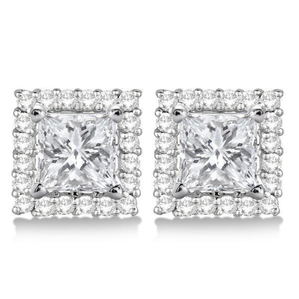 51806 2.4 CT Princess & Round Cut Diamonds Halo Stud Earrings, 14K White Gold