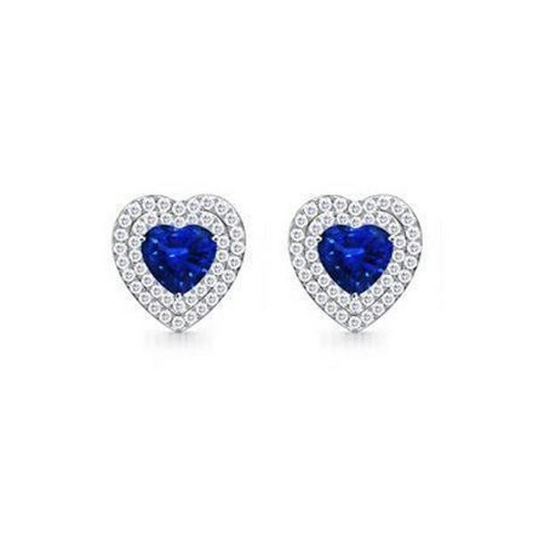 Heart Ceylon Sapphire Round Diamonds 3 CT Stud Earring, 14K White Gold