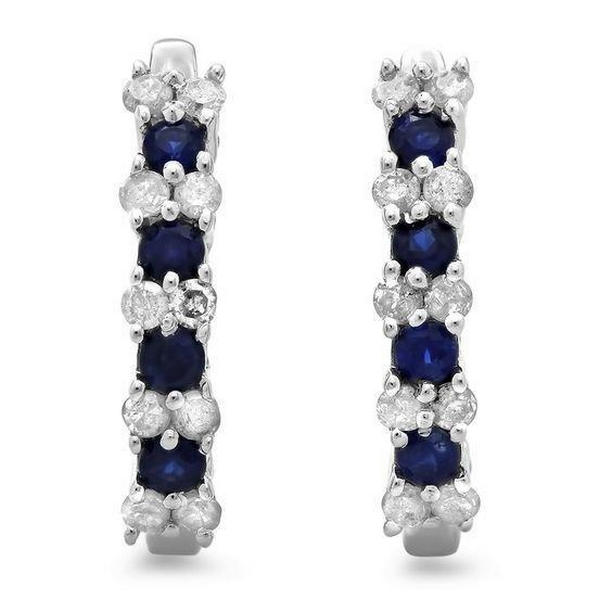 6 CT Sri Lankan Sapphire Diamond Ladies Hoop Earring, 14K White Gold