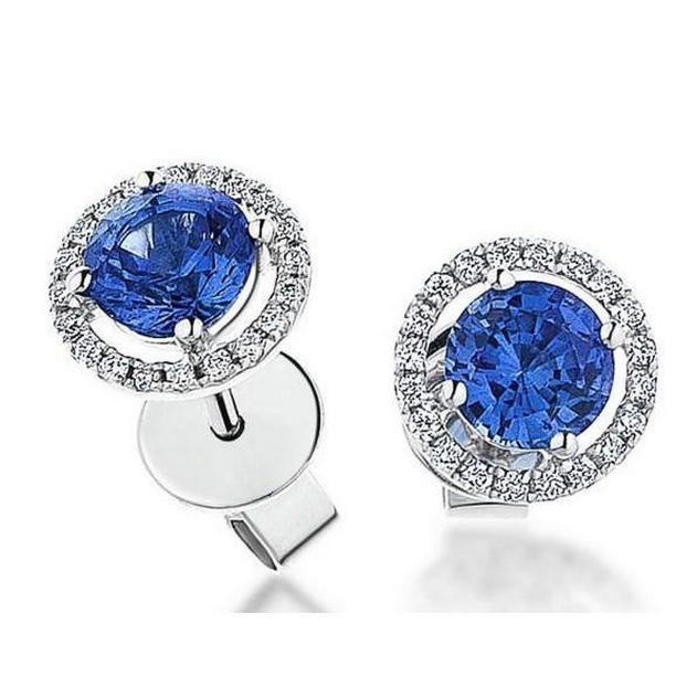 4.40 CT Ceylon Sapphire & Halo Diamond Womens Stud Earring, 14K White Gold
